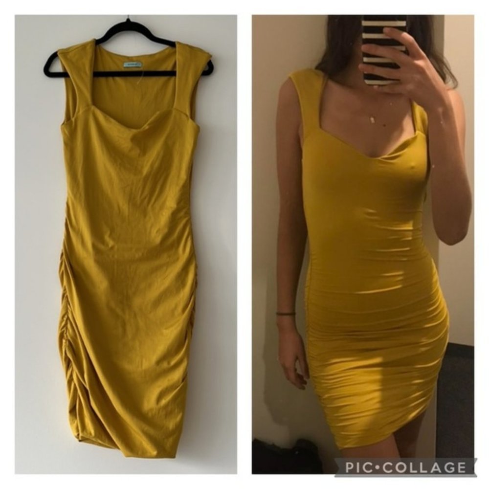 KOOKAI Golden Mustard Ruched Stretch Bodycon Dress